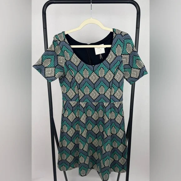 Anthropologie HD In Paris Hollyhock Dress Blue Pixel Print A-Line Short Sleeve M - Picture 3 of 6